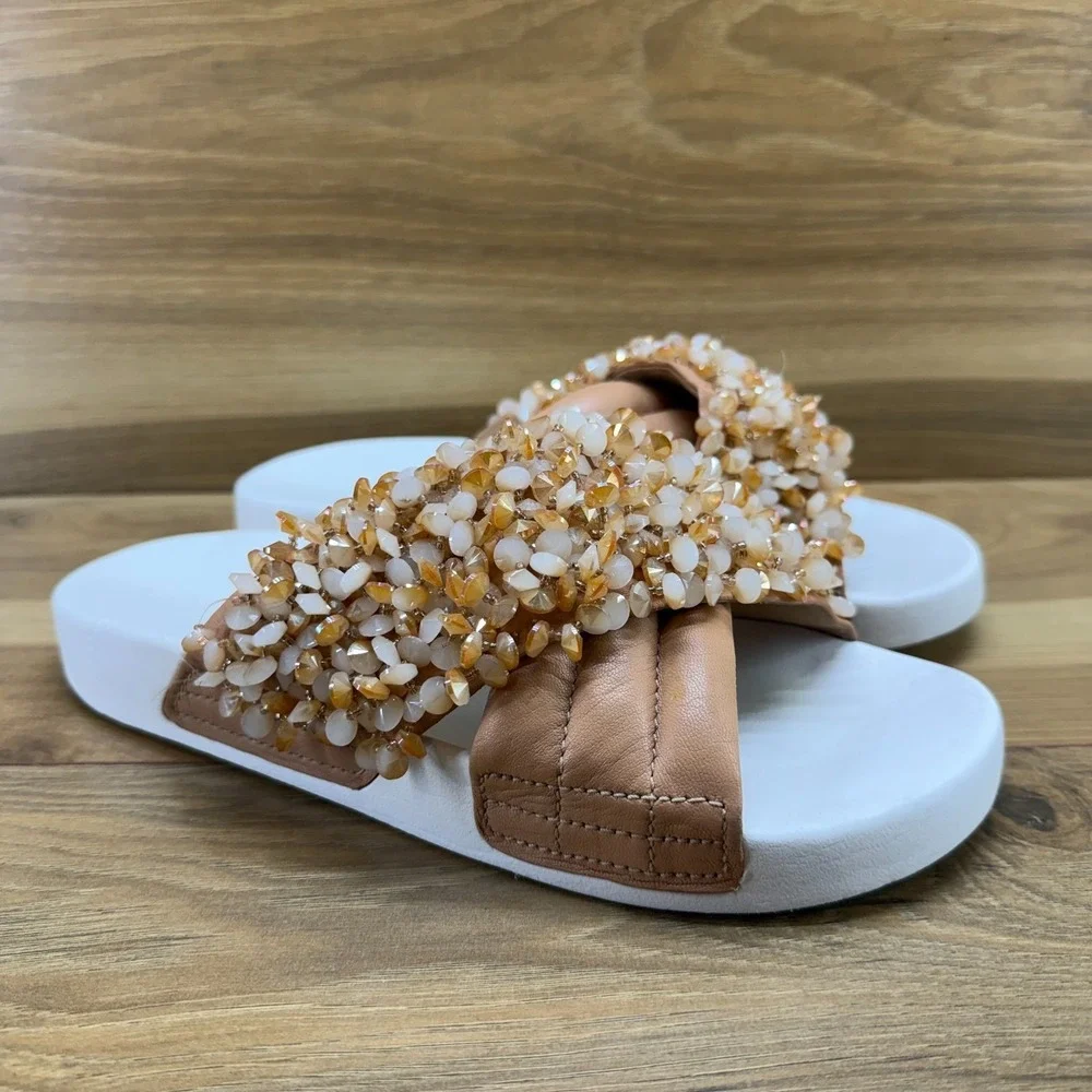 Tory Burch Logan Slide Sandals 9 M Tan Embellished Cross Strap Resort Vacation